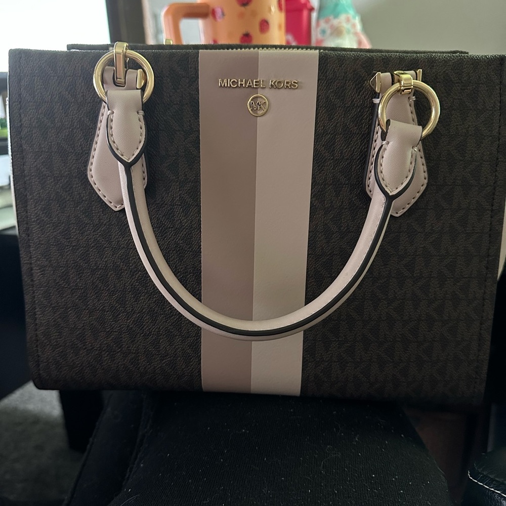 Michael Kors Brown Marilyn Medium Logo Stripe Satchel- BRN/SFPK/FWN
